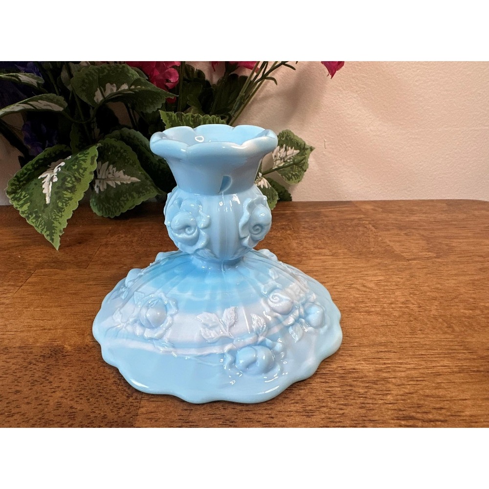 Vintage Blue White Slag Glass Candle Holder Cabbage Rose Ruffled Fenton Style